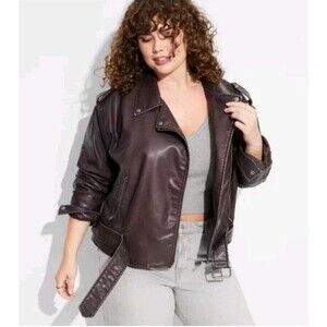 Women's NWT 3X Brown Faux Leather Oversized Zip Up Moto Biker Jacket  Wild Fable